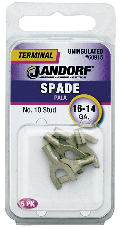 JANDORF 60915 Non-Insulated Spade Terminal, 600 V, 16 to 14 AWG Wire, #10 Stud, Copper Contact