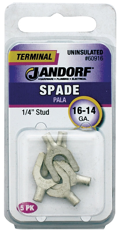 JANDORF 60916 Non-Insulated Spade Terminal, 600 V, 16 to 14 AWG Wire, 1/4 in Stud, Copper Contact