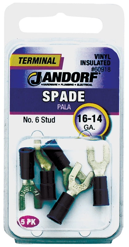 JANDORF 60918 Spade Terminal, 600 V, 16 to 14 AWG Wire, #6 Stud, Vinyl Insulation, Copper Contact, Blue