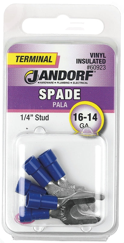 JANDORF 60923 Spade Terminal, 600 V, 16 to 14 AWG Wire, 1/4 in Stud, Vinyl Insulation, Copper Contact, Blue