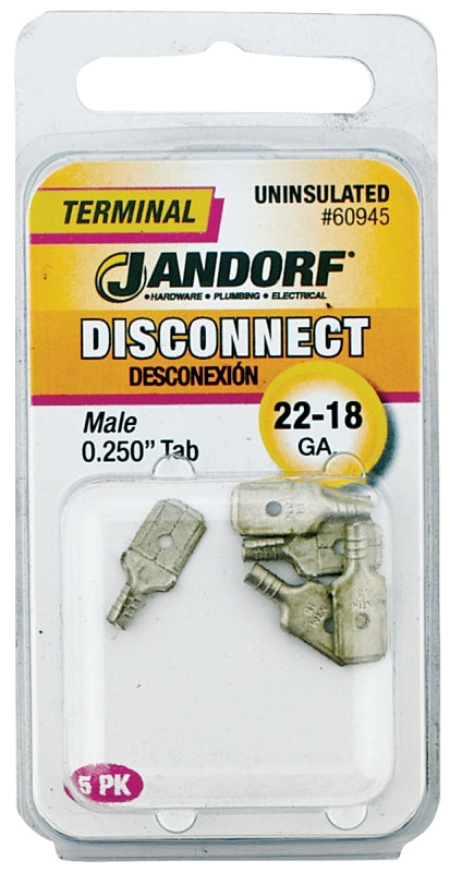 JANDORF 60945 Non-Insulated Male Disconnect Terminal, 22 to 18 AWG Wire, 1/4 in Stud, Copper Contact