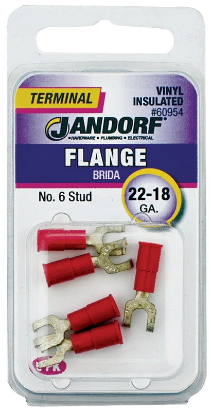 JANDORF 60954 Flanged Spade Terminal, 22 to 18 AWG Wire, #6 Stud, Vinyl Insulation, Copper Contact, Red