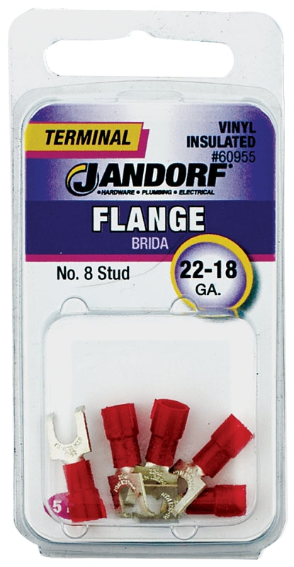 JANDORF 60955 Flanged Spade Terminal, 22 to 18 AWG Wire, #8 Stud, Vinyl Insulation, Copper Contact, Red