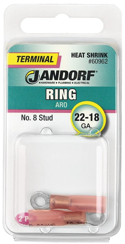 JANDORF 60962 Heat-Shrink Ring Terminal, 22 to 18 AWG Wire, #8 Stud, Copper Contact, Red