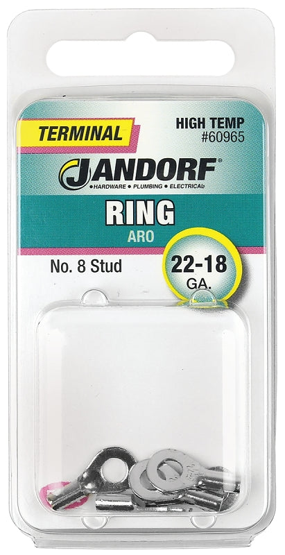 JANDORF 60965 High-Temperature Ring Terminal, 22 to 18 AWG Wire, #8 Stud, Copper Contact, Red