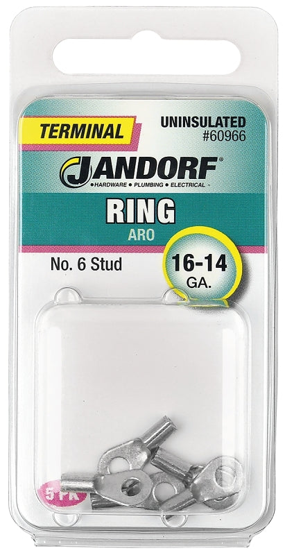 JANDORF 60966 Non-Insulated Ring Terminal, 16 to 14 AWG Wire, #6 Stud, Copper Contact