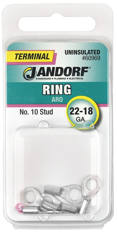 JANDORF 60969 Non-Insulated Ring Terminal, 22 to 18 AWG Wire, #10 Stud, Copper Contact