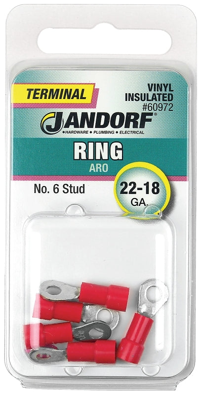 JANDORF 60972 Ring Terminal, 22 to 18 AWG Wire, #6 Stud, Vinyl Insulation, Copper Contact, Red
