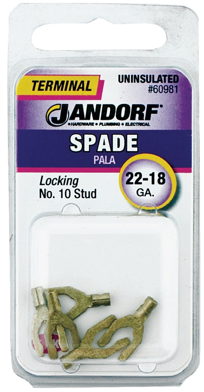 JANDORF 60981 Non-Insulated Locking Spade Terminal, 600 V, 22 to 18 AWG Wire, #10 Stud, Copper Contact