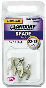 Jandorf 60982 Spade Terminal, 600 V, 22 to 18 AWG Wire, #10 Stud, Copper Contact, 5/PK