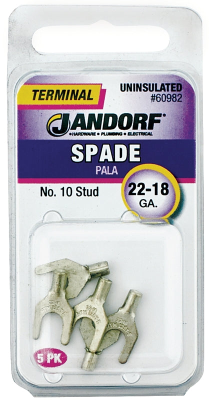 JANDORF 60982 Non-Insulated Spade Terminal, 600 V, 22 to 18 AWG Wire, #10 Stud, Copper Contact
