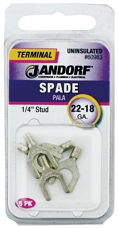 JANDORF 60983 Non-Insulated Spade Terminal, 600 V, 22 to 18 AWG Wire, 1/4 in Stud, Copper Contact