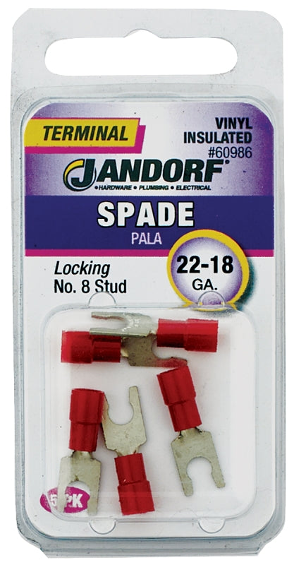 JANDORF 60986 Locking Spade Terminal, 600 V, 22 to 18 AWG Wire, #8 Stud, Vinyl Insulation, Copper Contact, Red