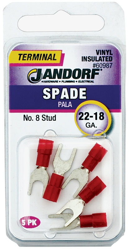 JANDORF 60987 Spade Terminal, 600 V, 22 to 18 AWG Wire, #8 Stud, Vinyl Insulation, Copper Contact, Red