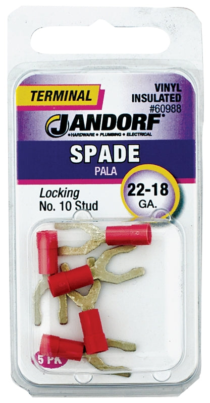 JANDORF 60988 Locking Spade Terminal, 600 V, 22 to 18 AWG Wire, #10 Stud, Vinyl Insulation, Copper Contact, Red