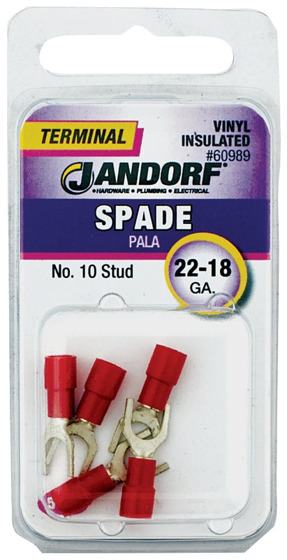 JANDORF 60989 Spade Terminal, 600 V, 22 to 18 AWG Wire, #10 Stud, Vinyl Insulation, Copper Contact, Red