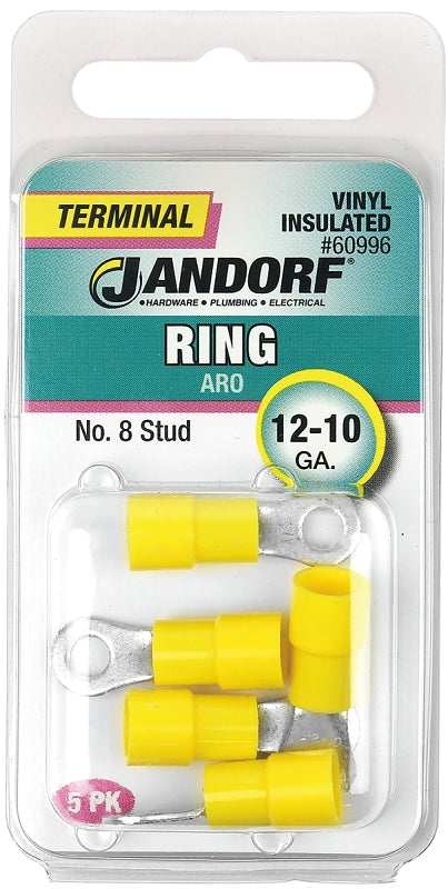 JANDORF 60996 Ring Terminal, 12 to 10 AWG Wire, #8 Stud, Vinyl Insulation, Copper Contact, Yellow
