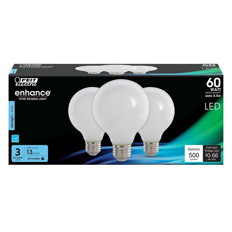 Feit Electric G2560W/950CA/FIL Globe LED Bulb, Globe, G25 Lamp, 60 W Equivalent, E26 Lamp Base, Dimmable, Daylight Light
