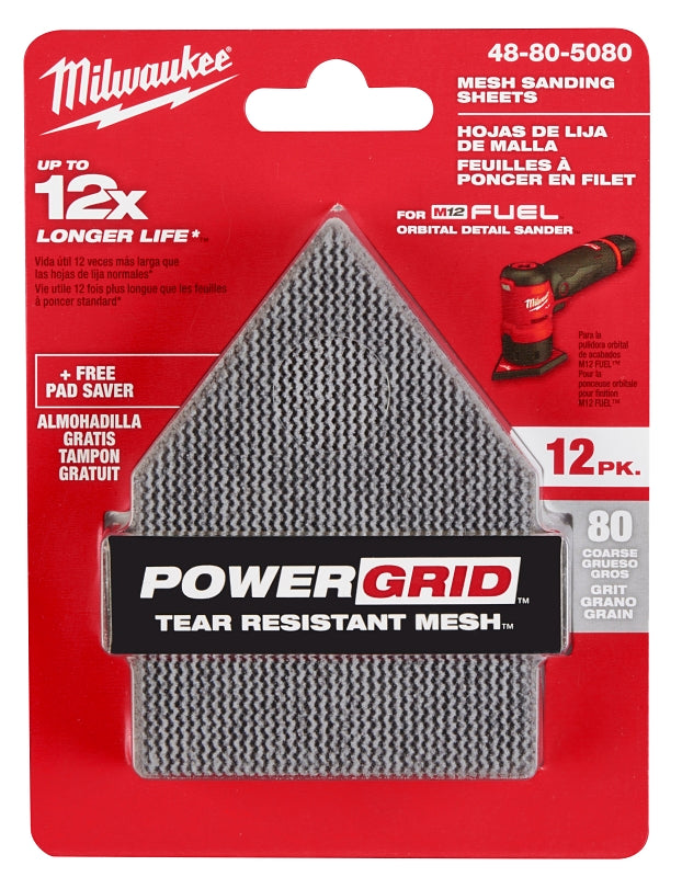 Milwaukee 48-80-5080 Mesh Sanding Sheet, 3-5/8 in W, 3-3/4 in L, 80 Grit, Coarse, Aluminum Oxide Abrasive, Nylon Backing, Pack of 3