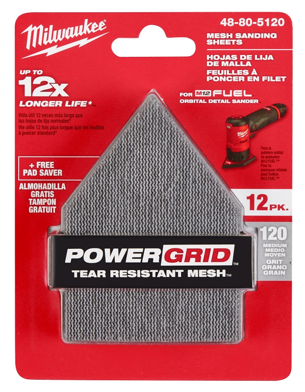Milwaukee 48-80-5120 Mesh Sanding Sheet, 3-5/8 in W, 3-3/4 in L, 120 Grit, Medium, Aluminum Oxide Abrasive, Pack of 3