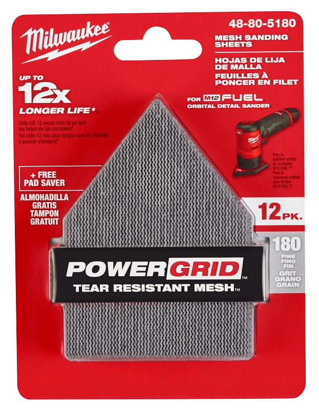 Milwaukee 48-80-5180 Mesh Sanding Sheet, 3-5/8 in W, 3-3/4 in L, 180 Grit, Fine, Aluminum Oxide Abrasive, Pack of 3