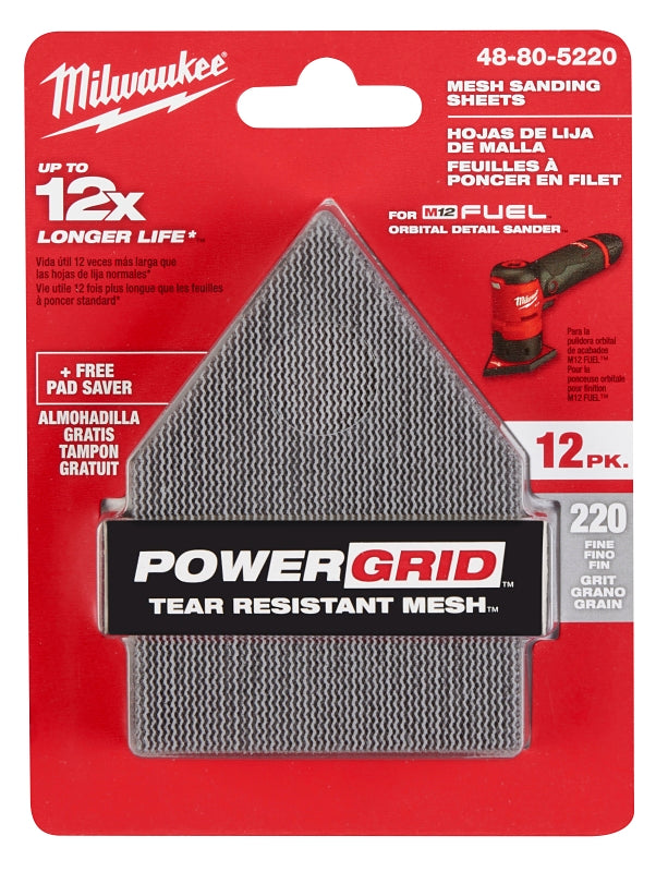 Milwaukee 48-80-5220 Mesh Sanding Sheet, 3-5/8 in W, 3-3/4 in L, 220 Grit, Fine, Aluminum Oxide Abrasive, Nylon Backing, Pack of 3