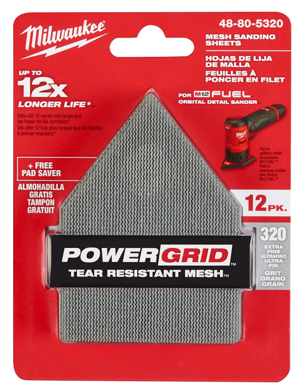 Milwaukee 48-80-5320 Mesh Sanding Sheet, 3-5/8 in W, 3-3/4 in L, 320 Grit, Extra Fine, Aluminum Oxide Abrasive, Pack of 3