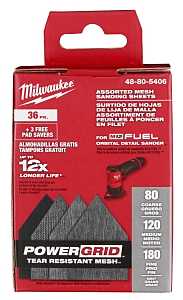 Milwaukee 48-80-5406 Mesh Sanding Sheet, 3-5/8 in W, 3-3/4 in L, 80, 120, 180 Grit, Aluminum Oxide, Nylon Backing, 36/PK