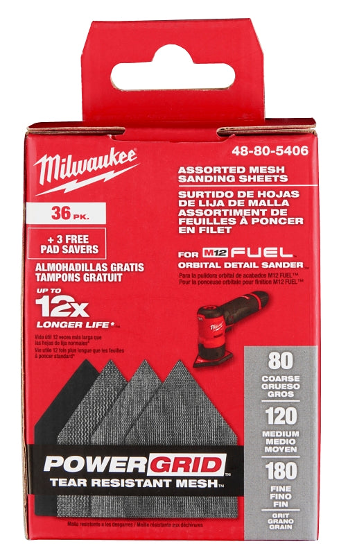 Milwaukee 48-80-5406 Mesh Sanding Sheet Assorted Pack, 3-5/8 in W, 3-3/4 in L, 80, 120, 180 Grit, Nylon Backing