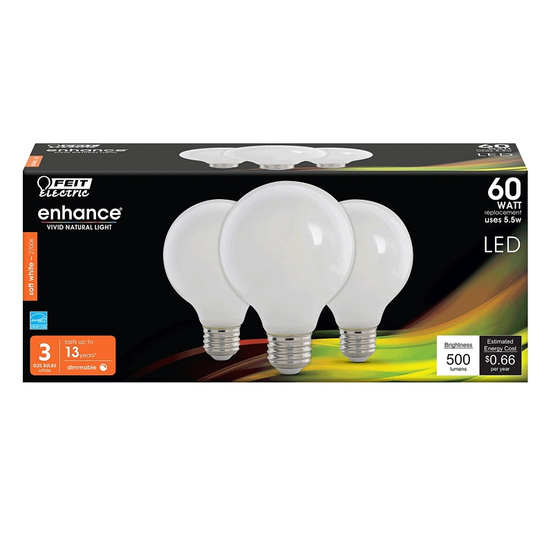 Feit Electric G2560W927CA/FIL/3/RP Filament LED Bulb, Glass Filament, Globe, G25 Lamp, 60 W Equivalent, Dimmable, White
