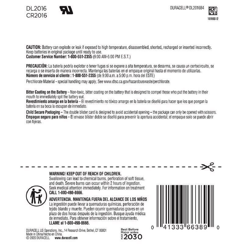 Duracell Lithium Coin DL2016/CR2016 3 V Button Cell Battery 4 pk, Pack of 6
