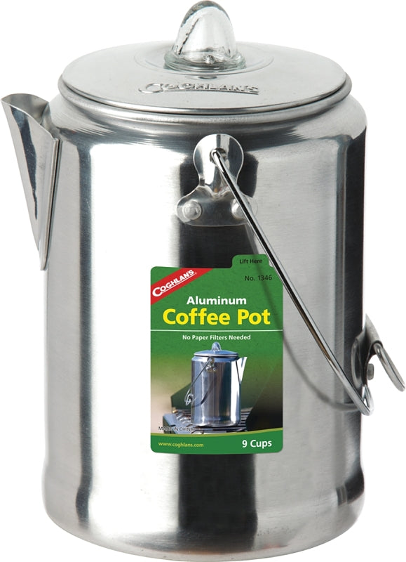 Coghlan's 1346 Coffee Pot, 9 Cup Capacity, Aluminum, Silver, Polished, Dual Bail Handle