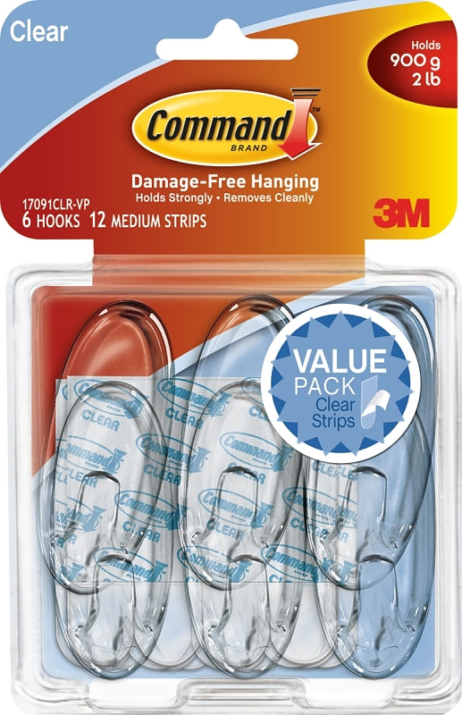 Command 17091CLR-VP Adhesive Hook, 2 lb, 6-Hook, Plastic, Clear, Pack of 2