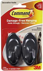 Command 17086S Medium Terrace Hook, 3-1/4 in L x 1-1/2 in W x 1-1/4 in H Dimensions, 3 lb, 2-Hook, Plastic