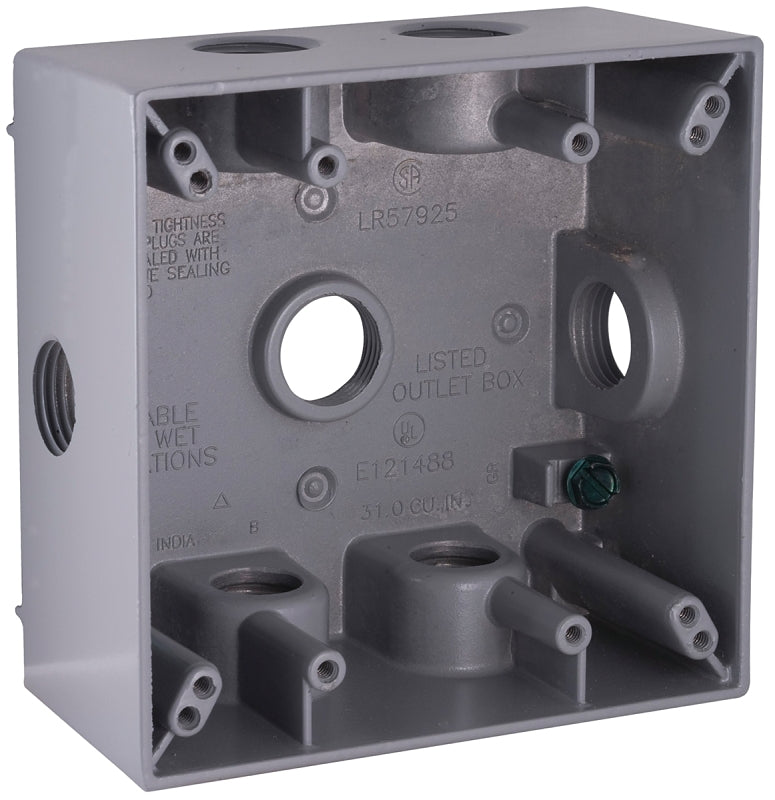 Bell Outdoor 5338-0 Weatherproof Box, 4-1/2 in W, 4-1/2 in D, 4-1/2 in H, 7-Knockout, NEMA 3R, Aluminum, Gray