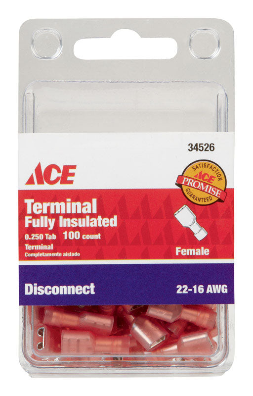 Ace 22-16 AWG Insulated Wire Female Disconnect Red 100 pk