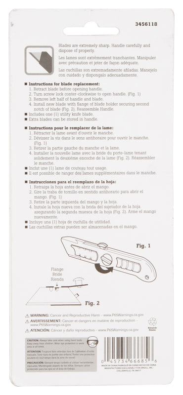 Vulcan K2022 Utility Knife, 2-1/4 in L Blade, 3/4 in W Blade, Carbon Steel Blade, Non-Slip Grip Handle