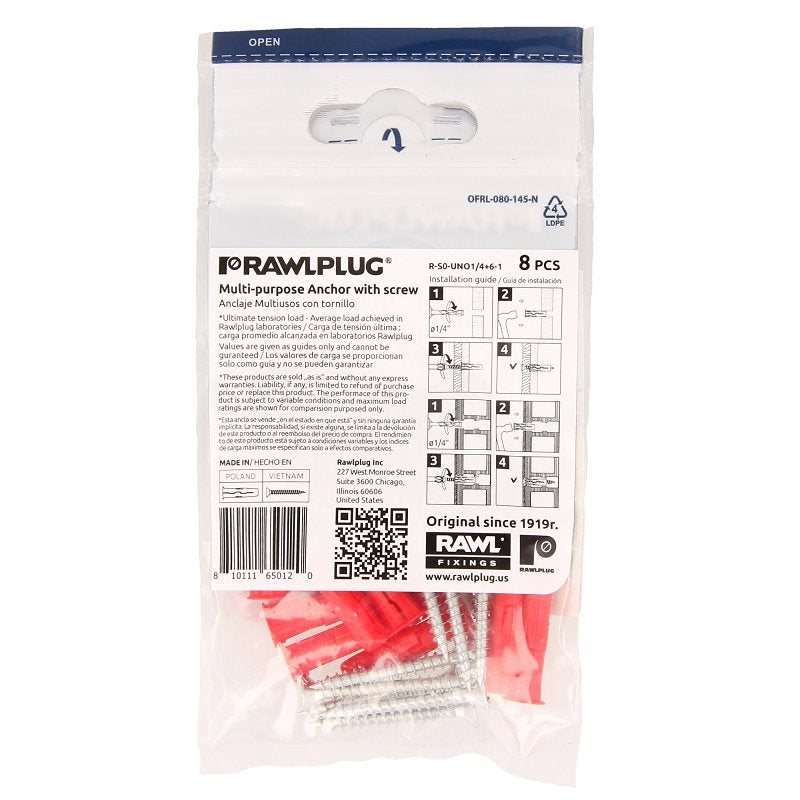 Rawlplug Rawl Uno Series R-S0-UNO1/4+6-1 Multi-Purpose Anchor, 13 mm Thread, 1-1/4 in L, Polypropylene, Pack of 10