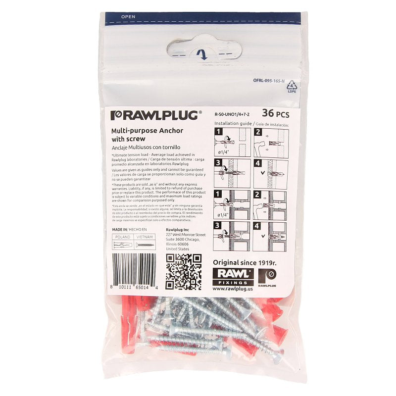 Rawlplug R-S0-UNO1/4+7-2 Drywall Anchor, 28 mm L, Nylon, 20 to 160 lb, Pack of 6