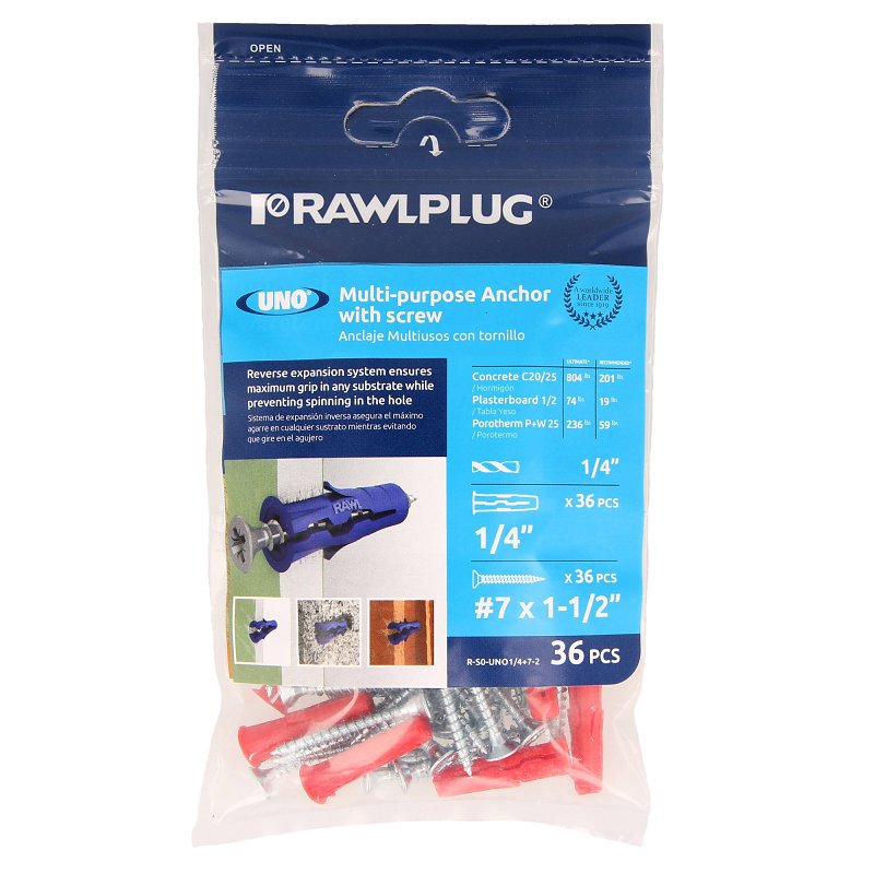 Rawlplug R-S0-UNO1/4+7-2 Drywall Anchor, 28 mm L, Nylon, 20 to 160 lb, Pack of 6
