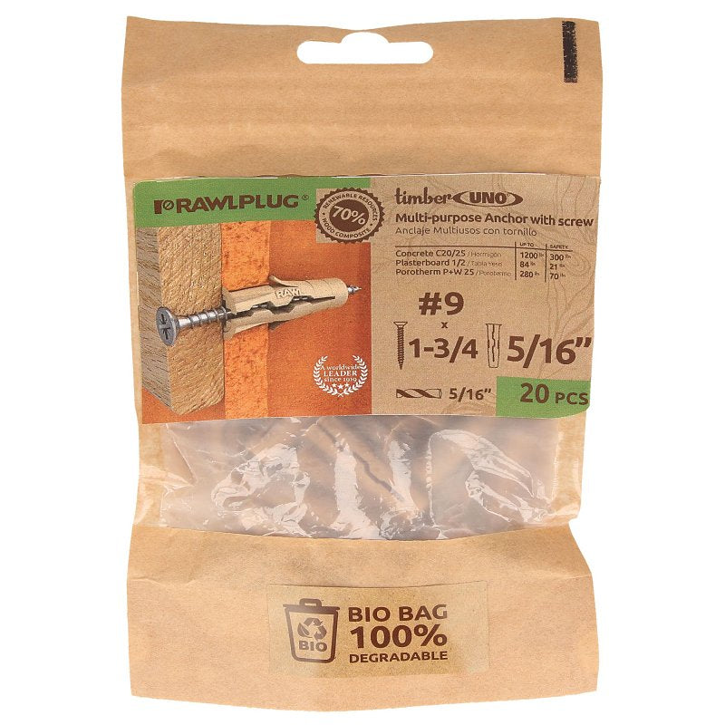 Rawlplug UNO Series R-BIO-UNOT5/16+9- Drywall Anchor, 32 mm L, Polypropylene/Recycled Timber, 30 to 190 lb