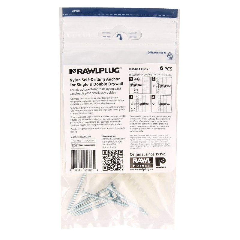 Rawlplug Rawl Rawldrive Series R-S0-DRA-01D+7-1 Wall Anchor, 13 mm Thread, 1-1/4 in L, Nylon, 90 lb, Pack of 8
