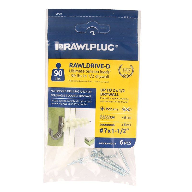 Rawlplug Rawl Rawldrive Series R-S0-DRA-01D+7-1 Wall Anchor, 13 mm Thread, 1-1/4 in L, Nylon, 90 lb, Pack of 8