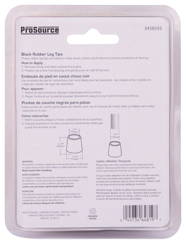 ProSource FE-50634-PS Furniture Leg Tip, Round, Rubber, Black, 3/4 in Dia, 1-1/8 in H