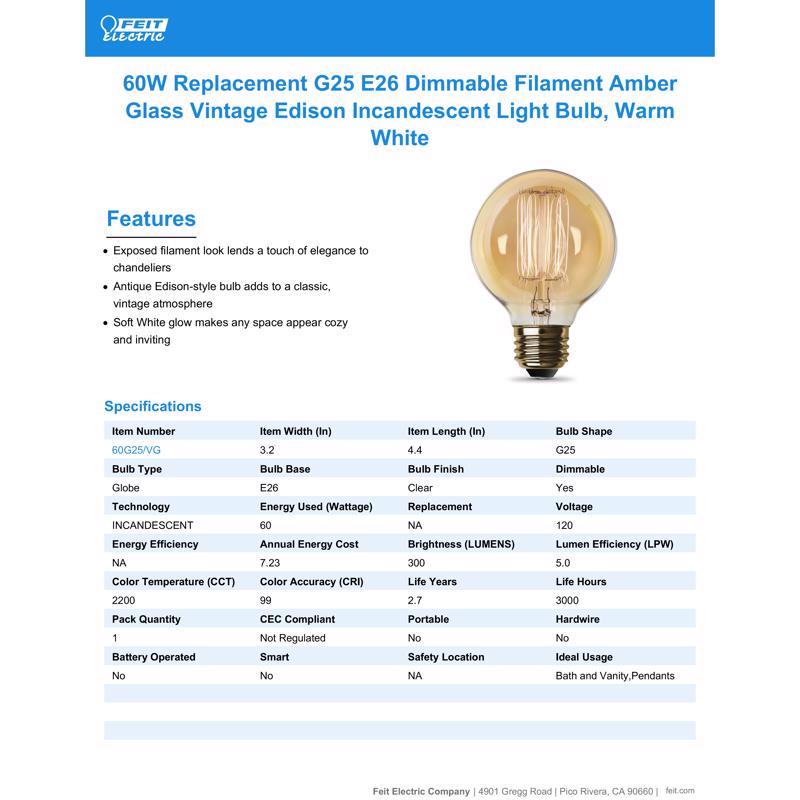 Feit The Original 60 W G25 Vintage Incandescent Bulb E26 (Medium) Soft White 1 pk, Pack of 6