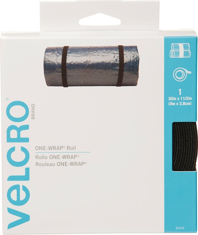 VELCRO Brand One Wrap 91372 Hook and Loop Fastener, 1-1/2 in W, 30 in L, Nylon/Polypropylene, Black
