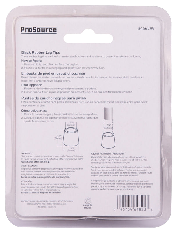 ProSource FE-50635-PS Furniture Leg Tip, Round, Rubber, Black, 7/8 in Dia, 1-3/8 in H