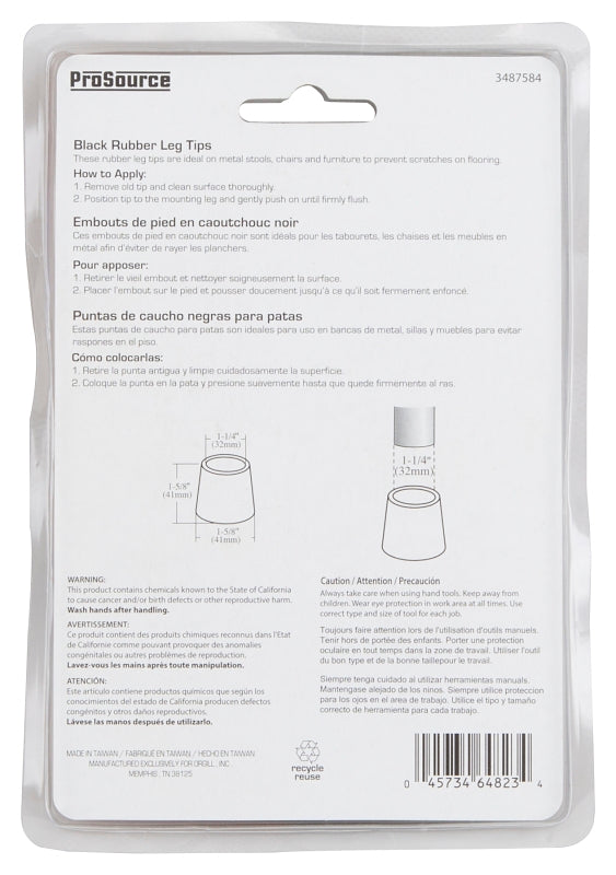 ProSource FE-50638-PS Furniture Leg Tip, Round, Rubber, Black, 1-1/4 in Dia, 1-5/8 in H
