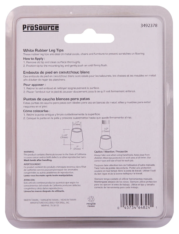 ProSource FE-50641-PS Furniture Leg Tip, Round, Rubber, White, 1/2 in Dia, 1-1/8 in H