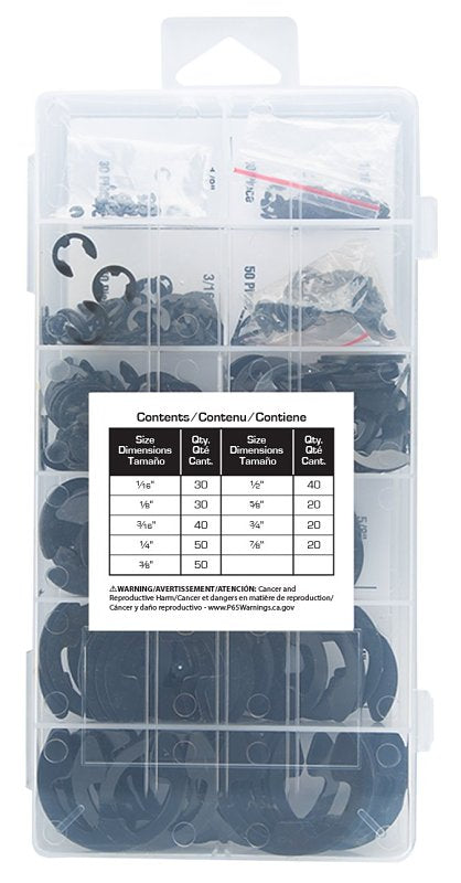 ProSource 61105 E-Clip Assortment, Clamping Range: 1/16, 1/8, 3/16, 1/4, 3/8, 1/2, 5/8, 3/4, 7/8 in, Steel, Black